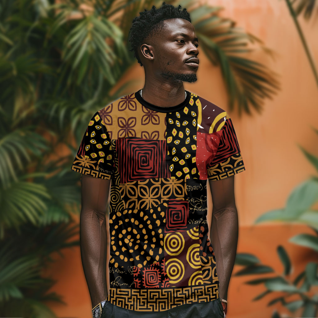 African American Quilt Inspired T shirt Earth Tone African Patchwork Motif