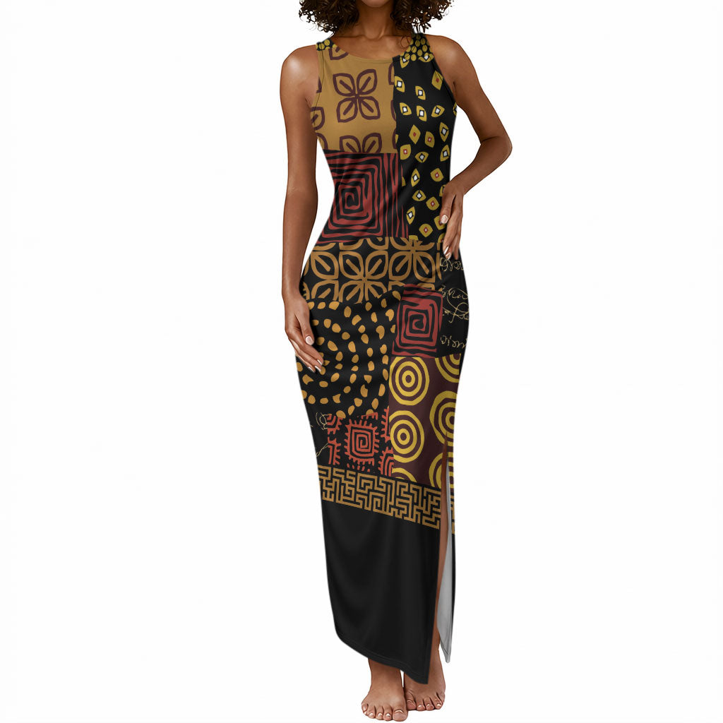 African American Quilt Inspired Tank Maxi Dress Earth Tone African Patchwork Motif