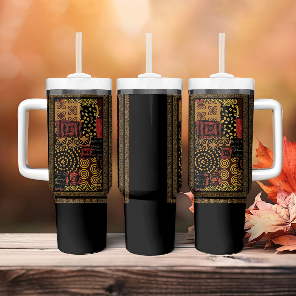 African American Quilt Inspired Tumbler With Handle Earth Tone African Patchwork Motif