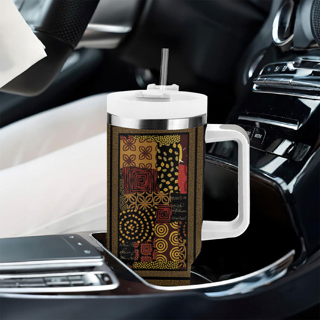 African American Quilt Inspired Tumbler With Handle Earth Tone African Patchwork Motif