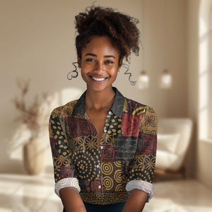 African American Quilt Inspired Women Casual Shirt Earth Tone African Patchwork Motif