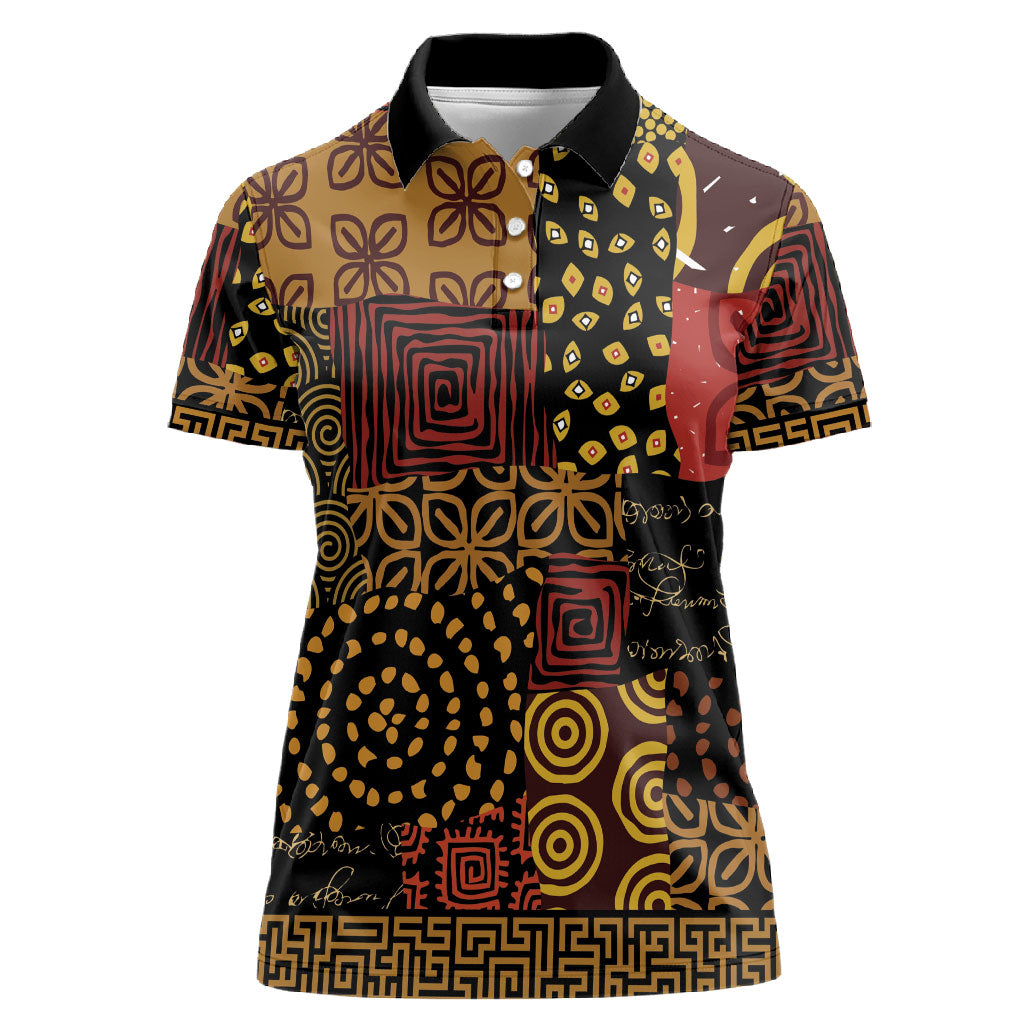African American Quilt Inspired Women Polo Shirt Earth Tone African Patchwork Motif