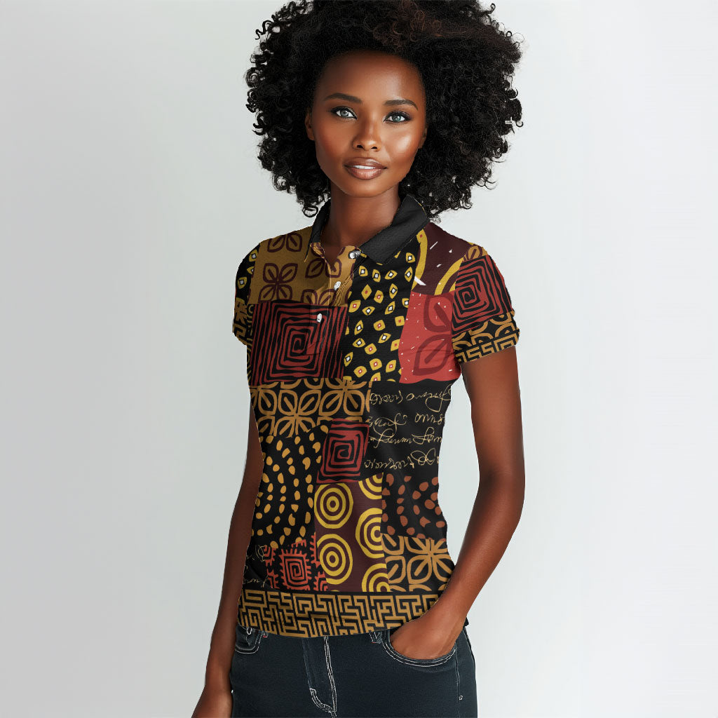 African American Quilt Inspired Women Polo Shirt Earth Tone African Patchwork Motif