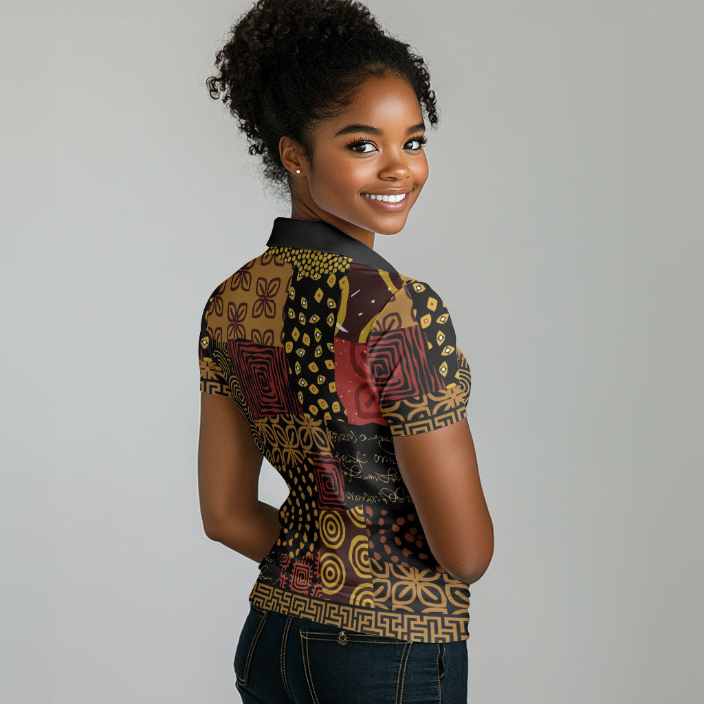 African American Quilt Inspired Women Polo Shirt Earth Tone African Patchwork Motif