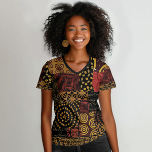 African American Quilt Inspired Women V-Neck T-Shirt Earth Tone African Patchwork Motif