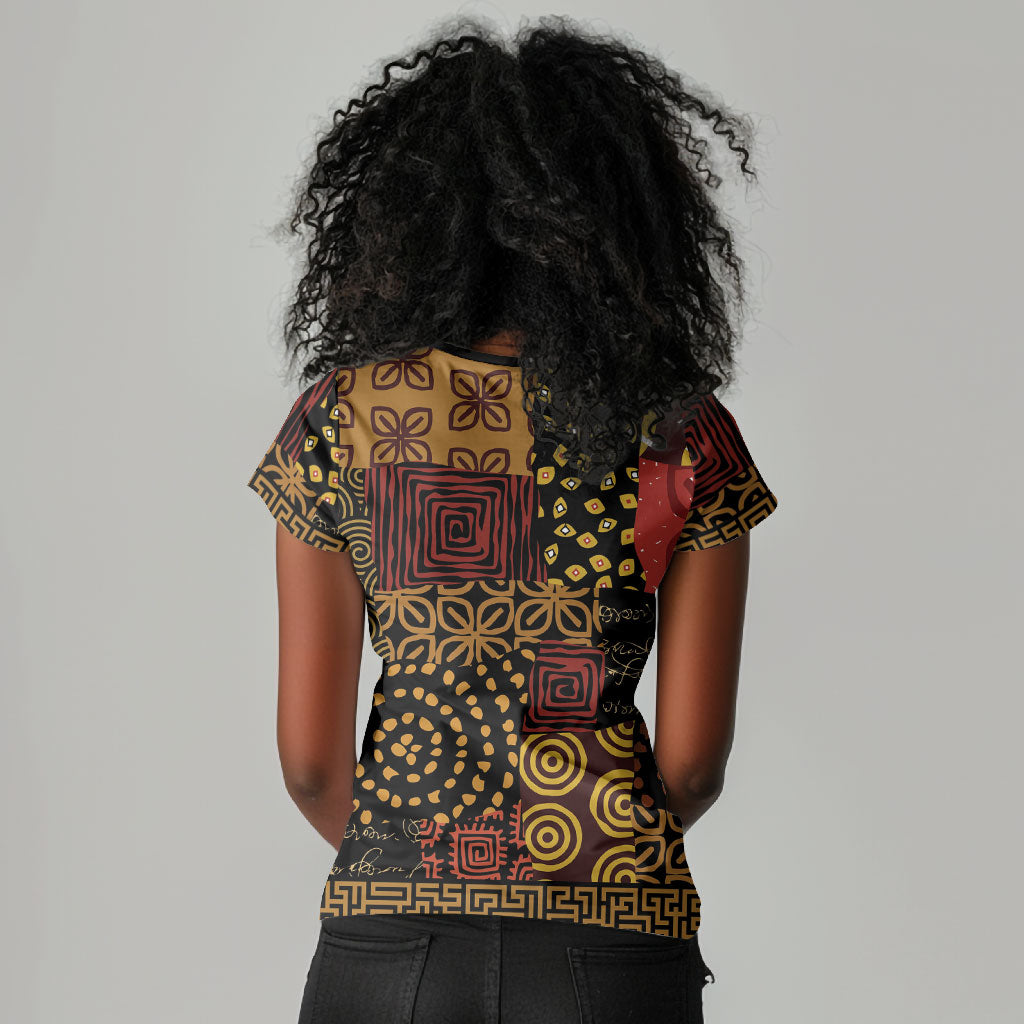 African American Quilt Inspired Women V-Neck T-Shirt Earth Tone African Patchwork Motif