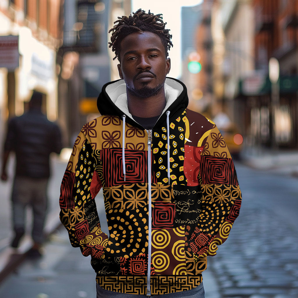 African American Quilt Inspired Zip Hoodie Earth Tone African Patchwork Motif