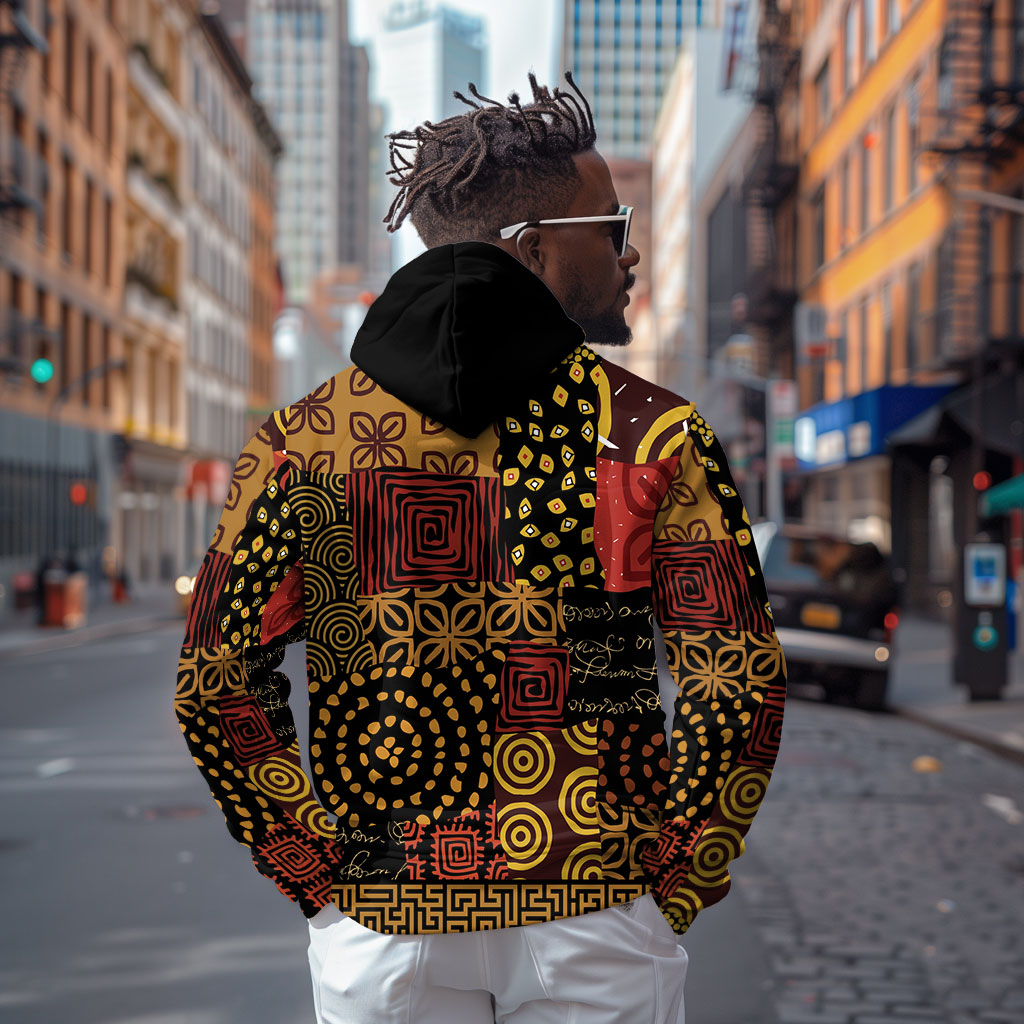 African American Quilt Inspired Zip Hoodie Earth Tone African Patchwork Motif
