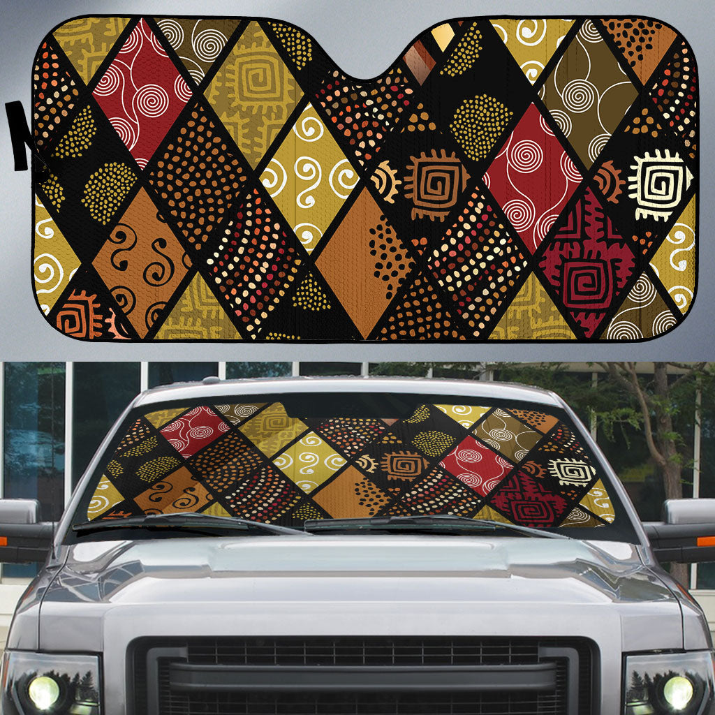 African American Quilt Inspired Auto Sun Shade Ethnic Bohemian Rhombus Patchwork