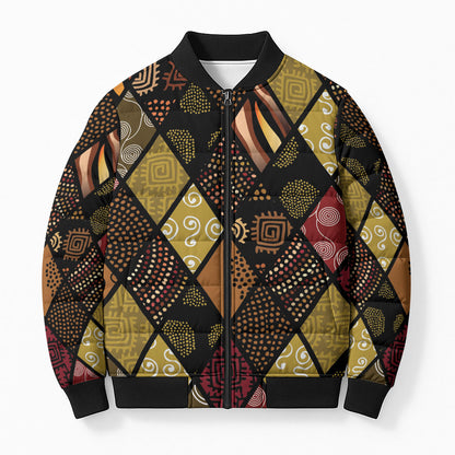 African American Quilt Inspired Bomber Puffer Jacket Ethnic Bohemian Rhombus Patchwork