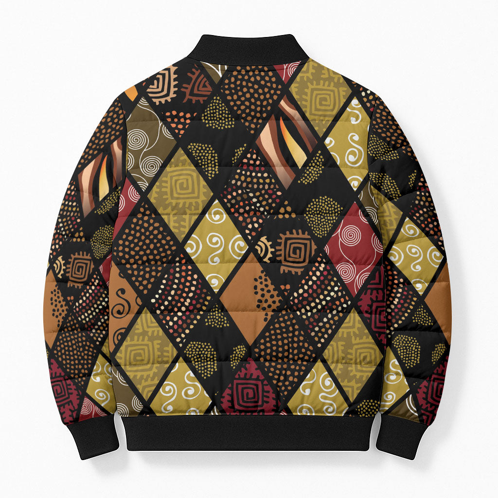 African American Quilt Inspired Bomber Puffer Jacket Ethnic Bohemian Rhombus Patchwork