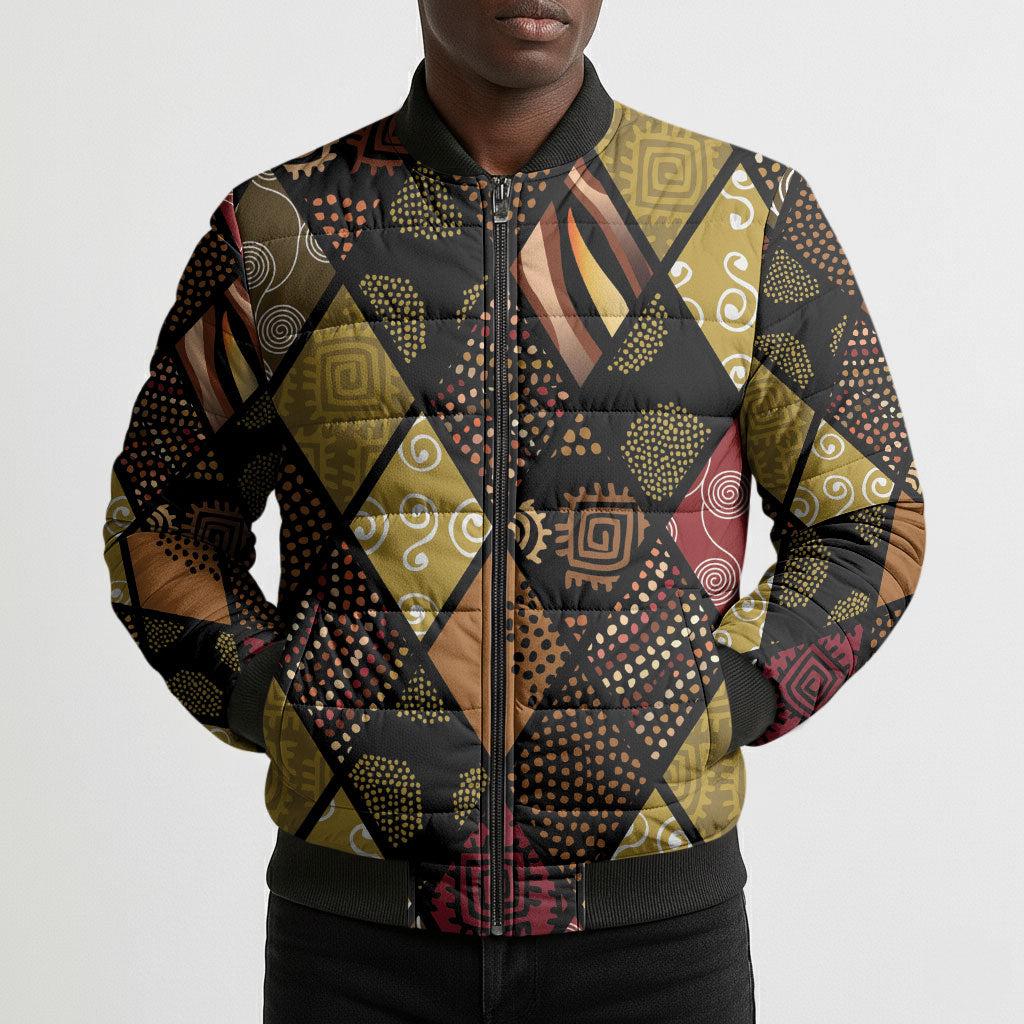 African American Quilt Inspired Bomber Puffer Jacket Ethnic Bohemian Rhombus Patchwork