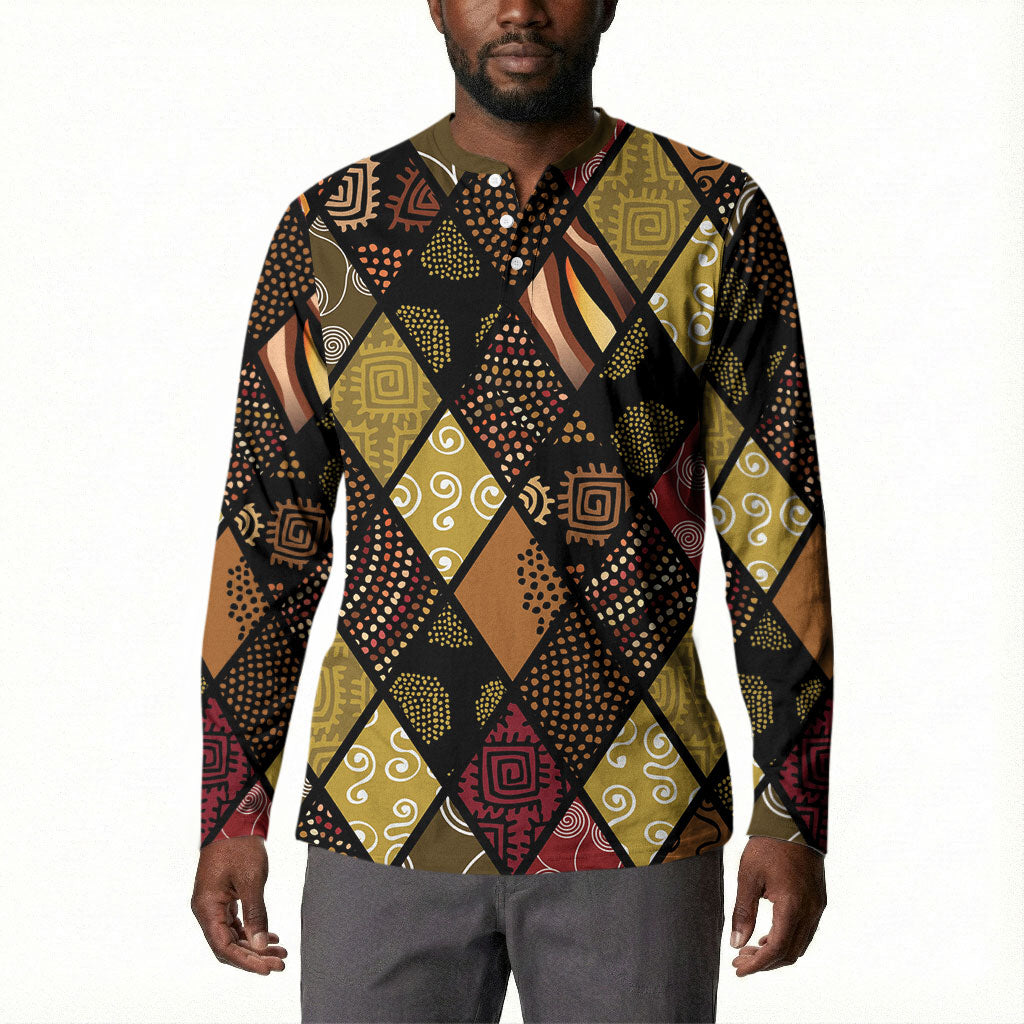 African American Quilt Inspired Button Sweatshirt Ethnic Bohemian Rhombus Patchwork