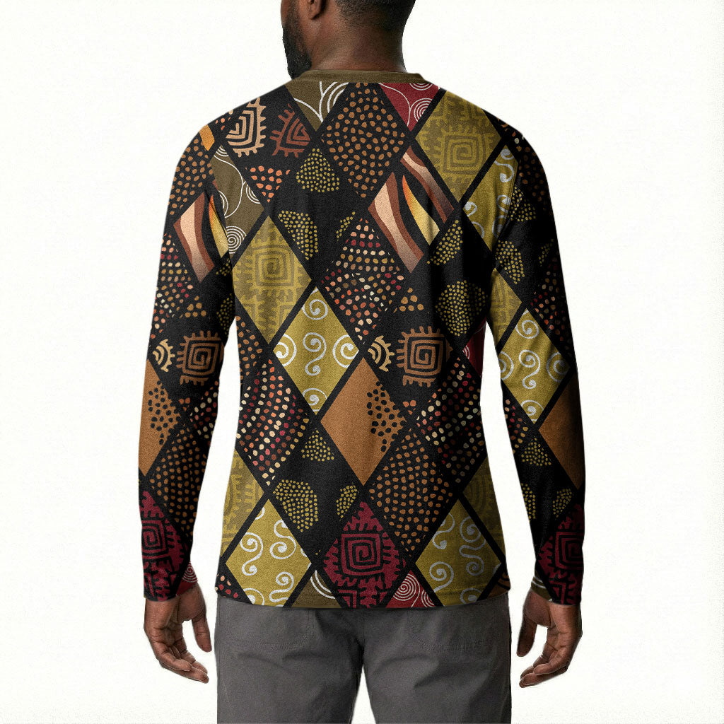African American Quilt Inspired Button Sweatshirt Ethnic Bohemian Rhombus Patchwork