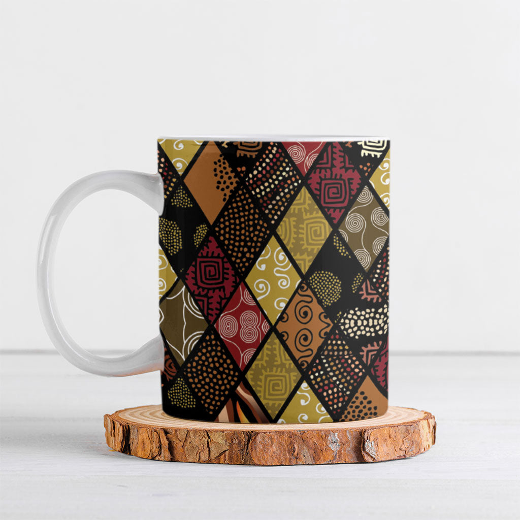 African American Quilt Inspired Ceramic Mug Ethnic Bohemian Rhombus Patchwork