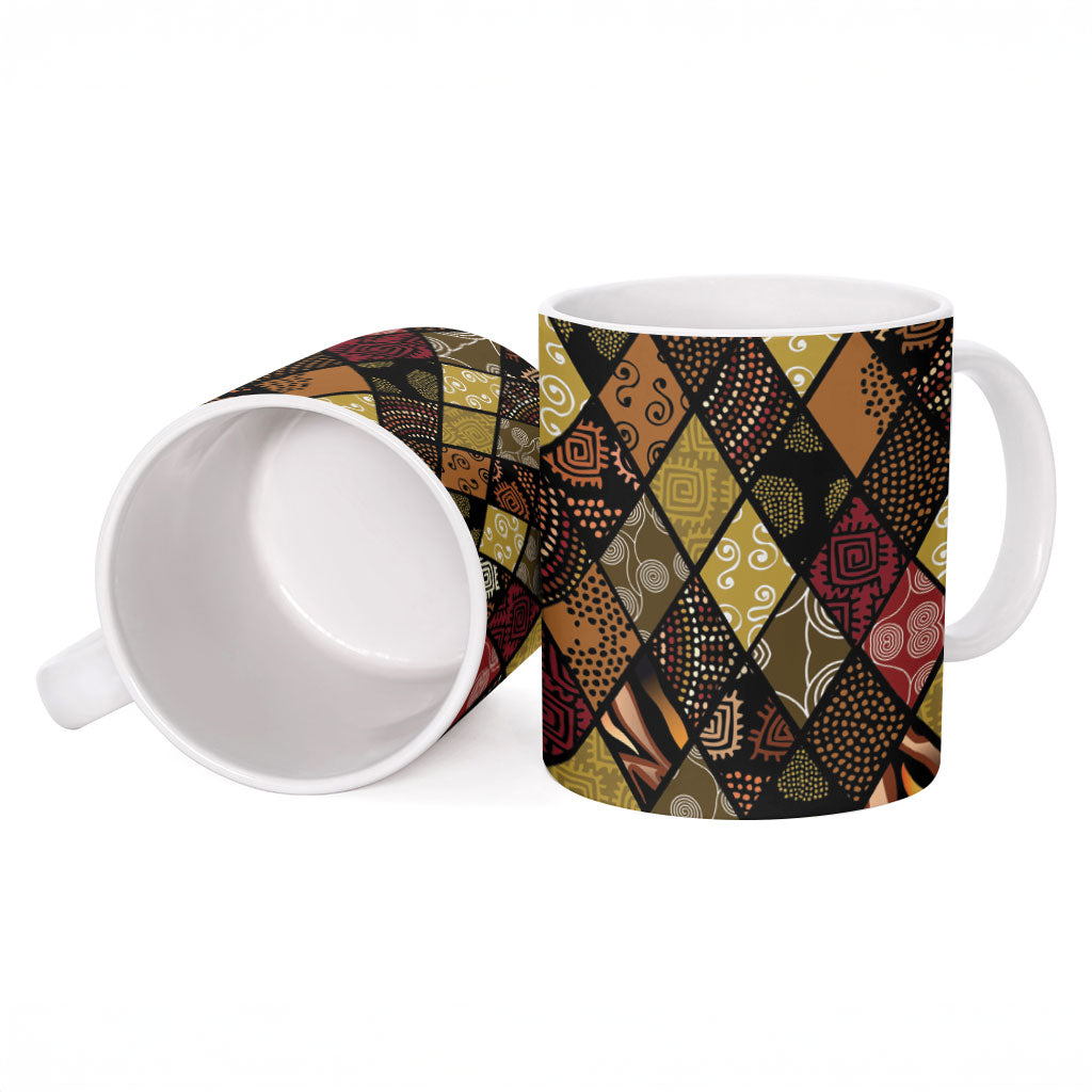 African American Quilt Inspired Ceramic Mug Ethnic Bohemian Rhombus Patchwork