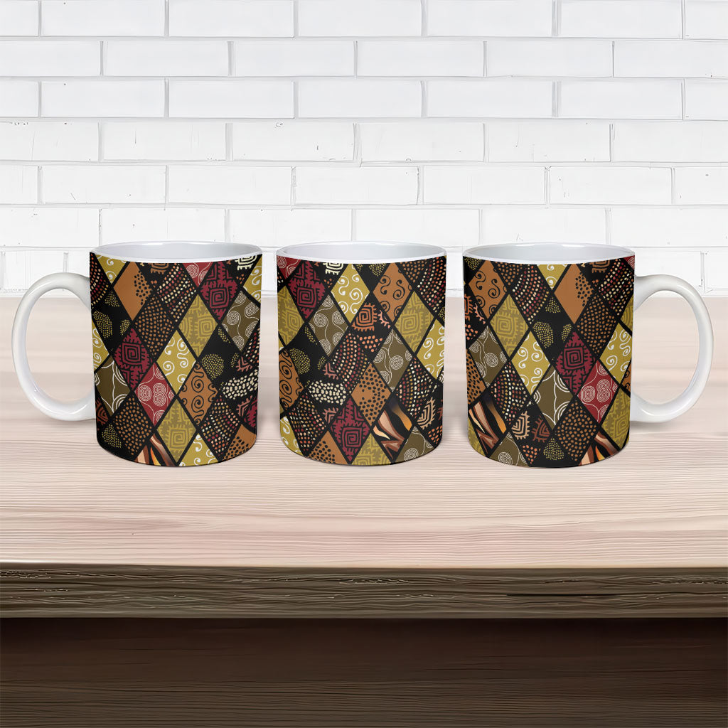 African American Quilt Inspired Ceramic Mug Ethnic Bohemian Rhombus Patchwork