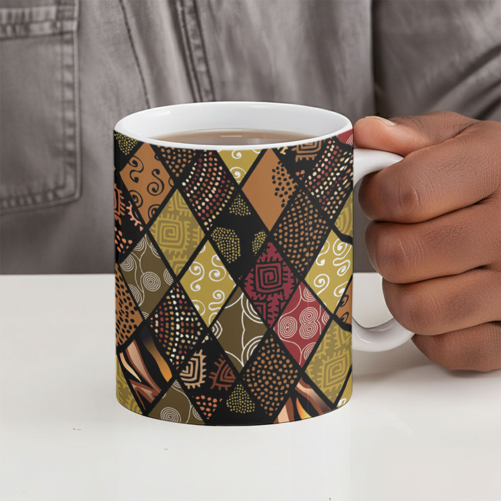 African American Quilt Inspired Ceramic Mug Ethnic Bohemian Rhombus Patchwork