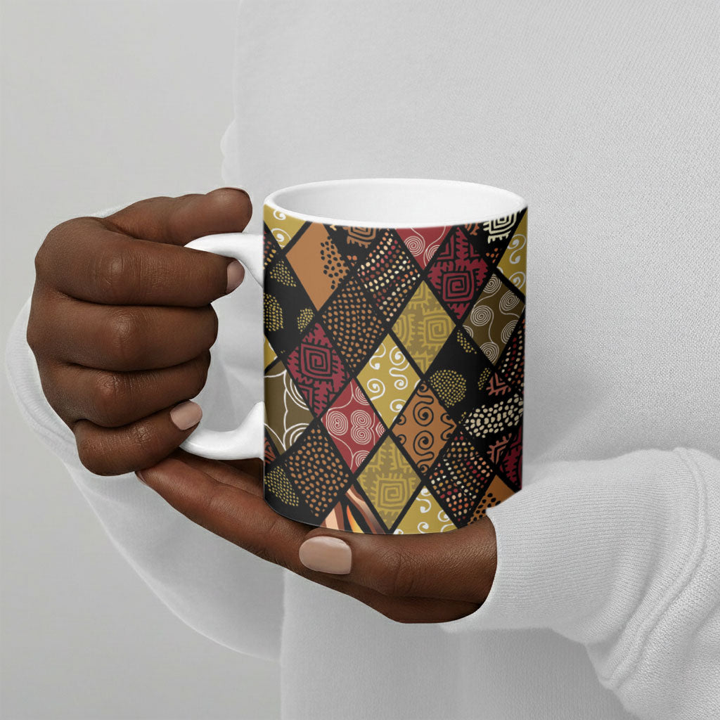 African American Quilt Inspired Ceramic Mug Ethnic Bohemian Rhombus Patchwork