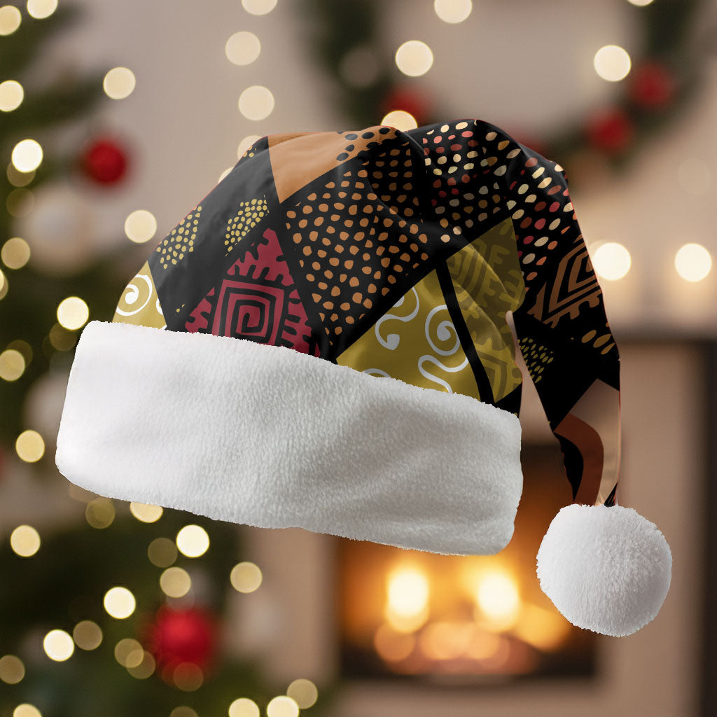 African American Quilt Inspired Christmas Santa Hat Ethnic Bohemian Rhombus Patchwork