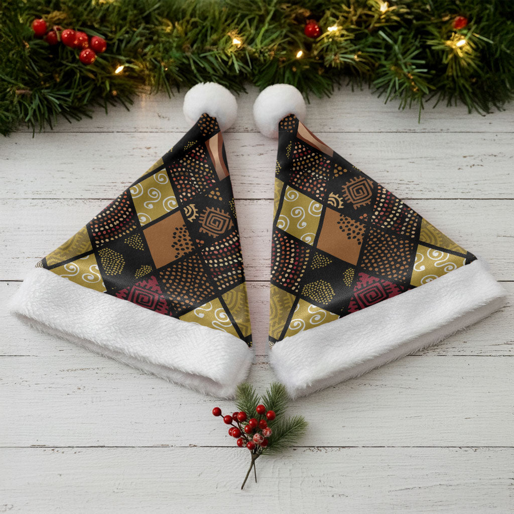 African American Quilt Inspired Christmas Santa Hat Ethnic Bohemian Rhombus Patchwork
