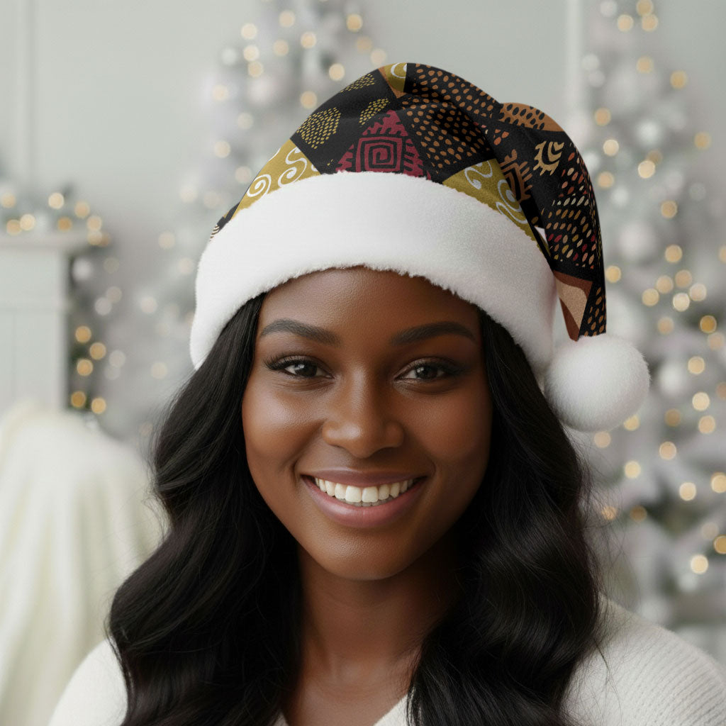 African American Quilt Inspired Christmas Santa Hat Ethnic Bohemian Rhombus Patchwork
