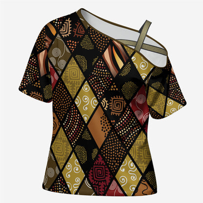 African American Quilt Inspired Cross Shoulder Shirt Ethnic Bohemian Rhombus Patchwork