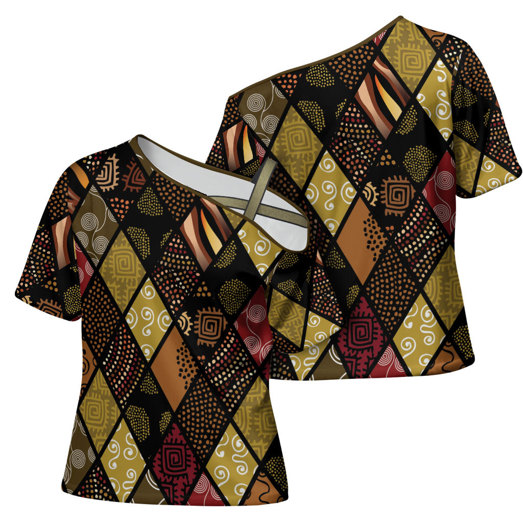 African American Quilt Inspired Cross Shoulder Shirt Ethnic Bohemian Rhombus Patchwork