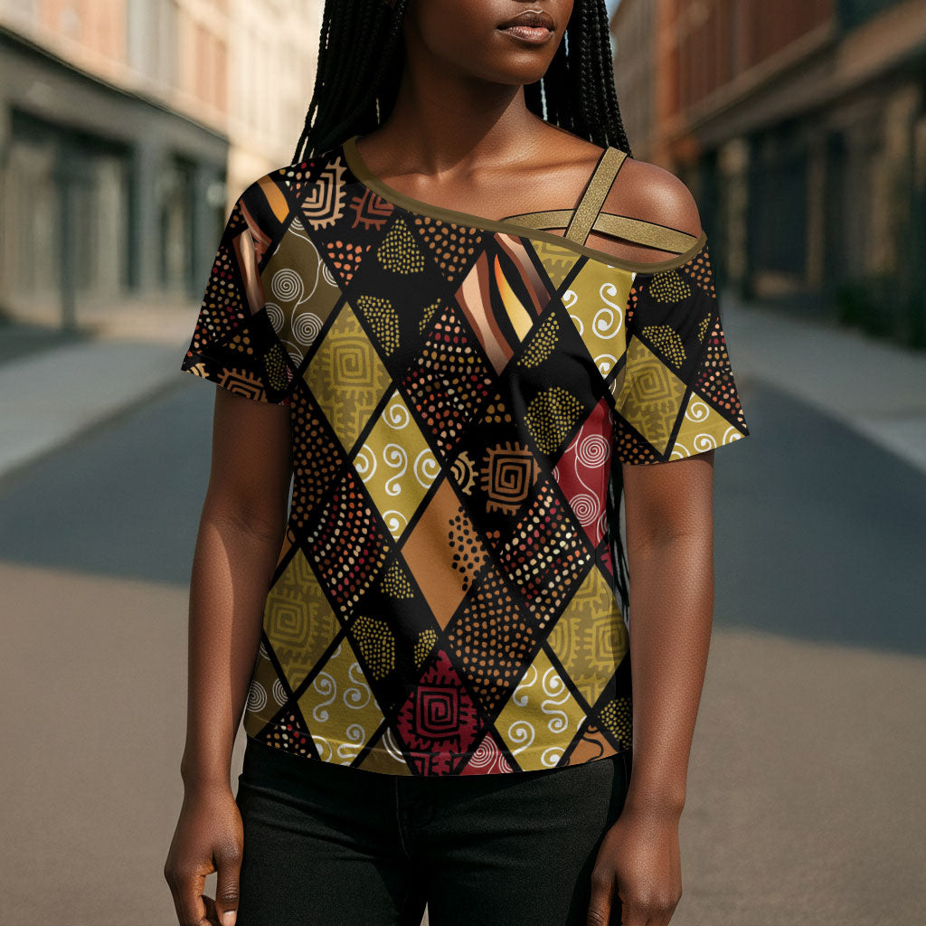 African American Quilt Inspired Cross Shoulder Shirt Ethnic Bohemian Rhombus Patchwork