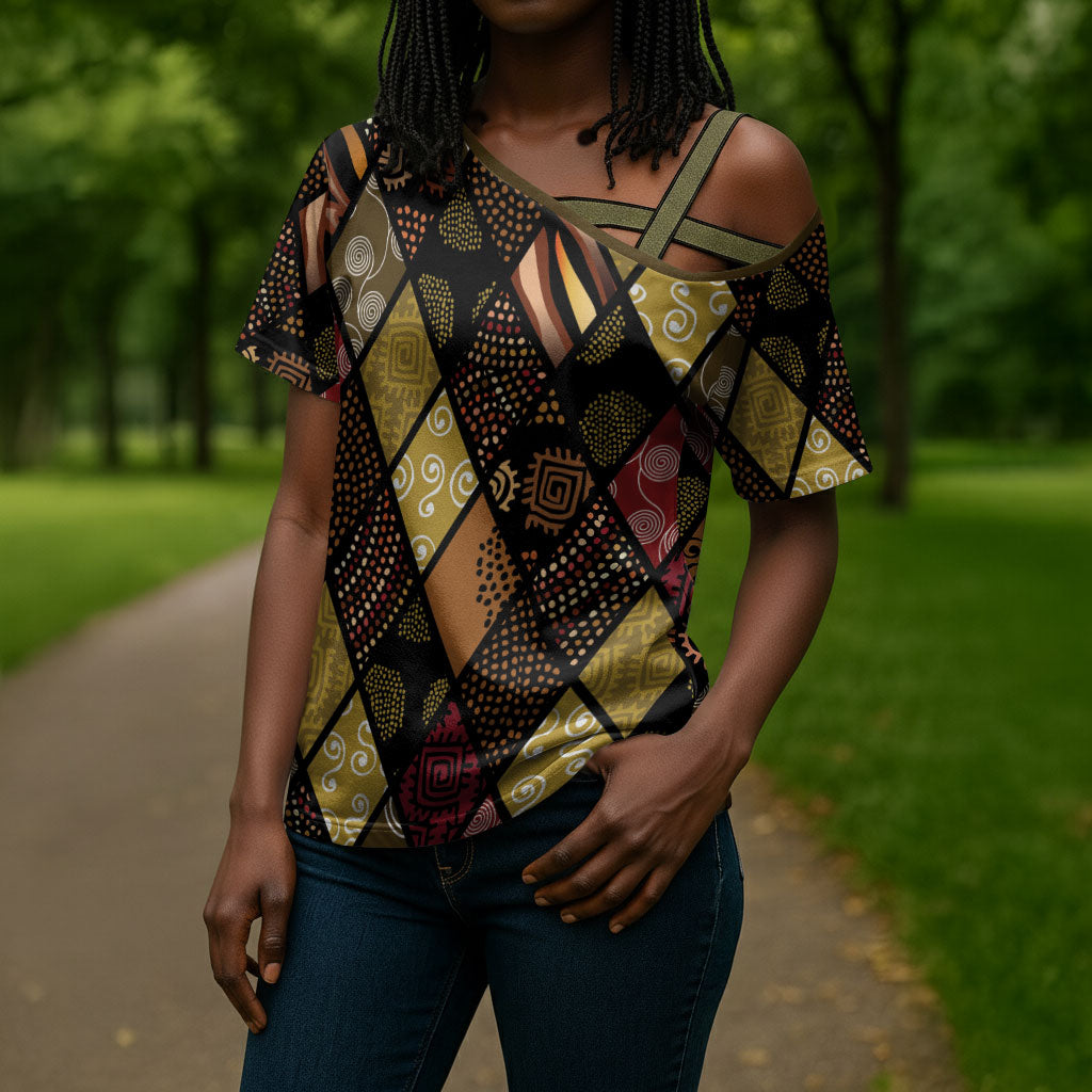 African American Quilt Inspired Cross Shoulder Shirt Ethnic Bohemian Rhombus Patchwork