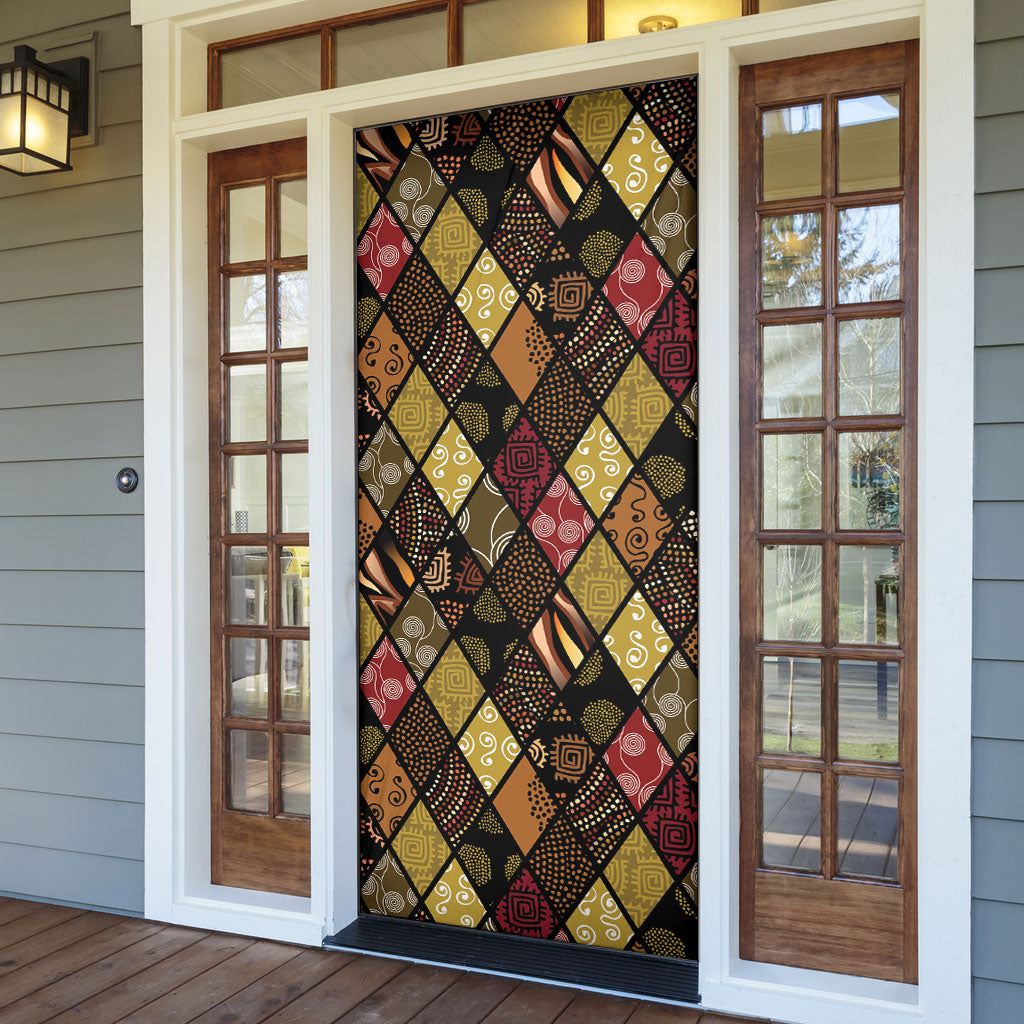 African American Quilt Inspired Door Cover Ethnic Bohemian Rhombus Patchwork