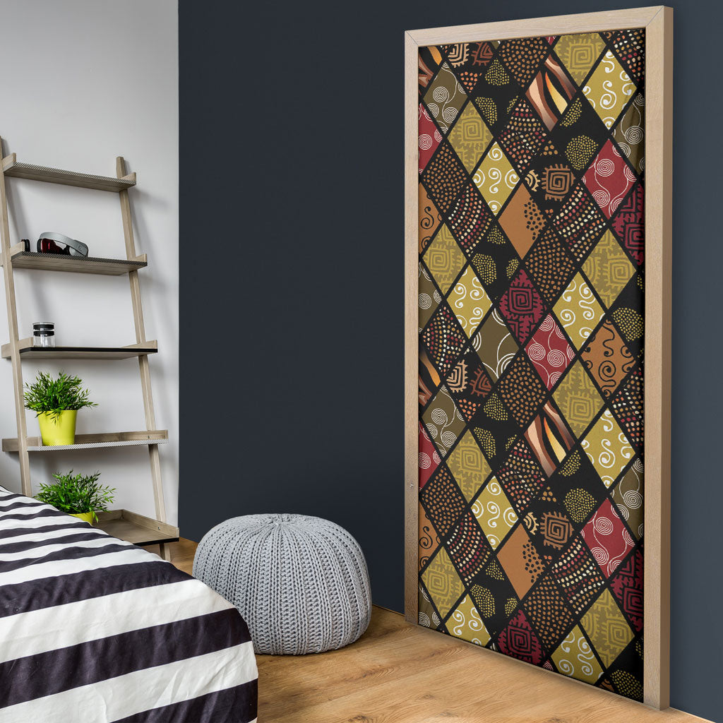 African American Quilt Inspired Door Cover Ethnic Bohemian Rhombus Patchwork