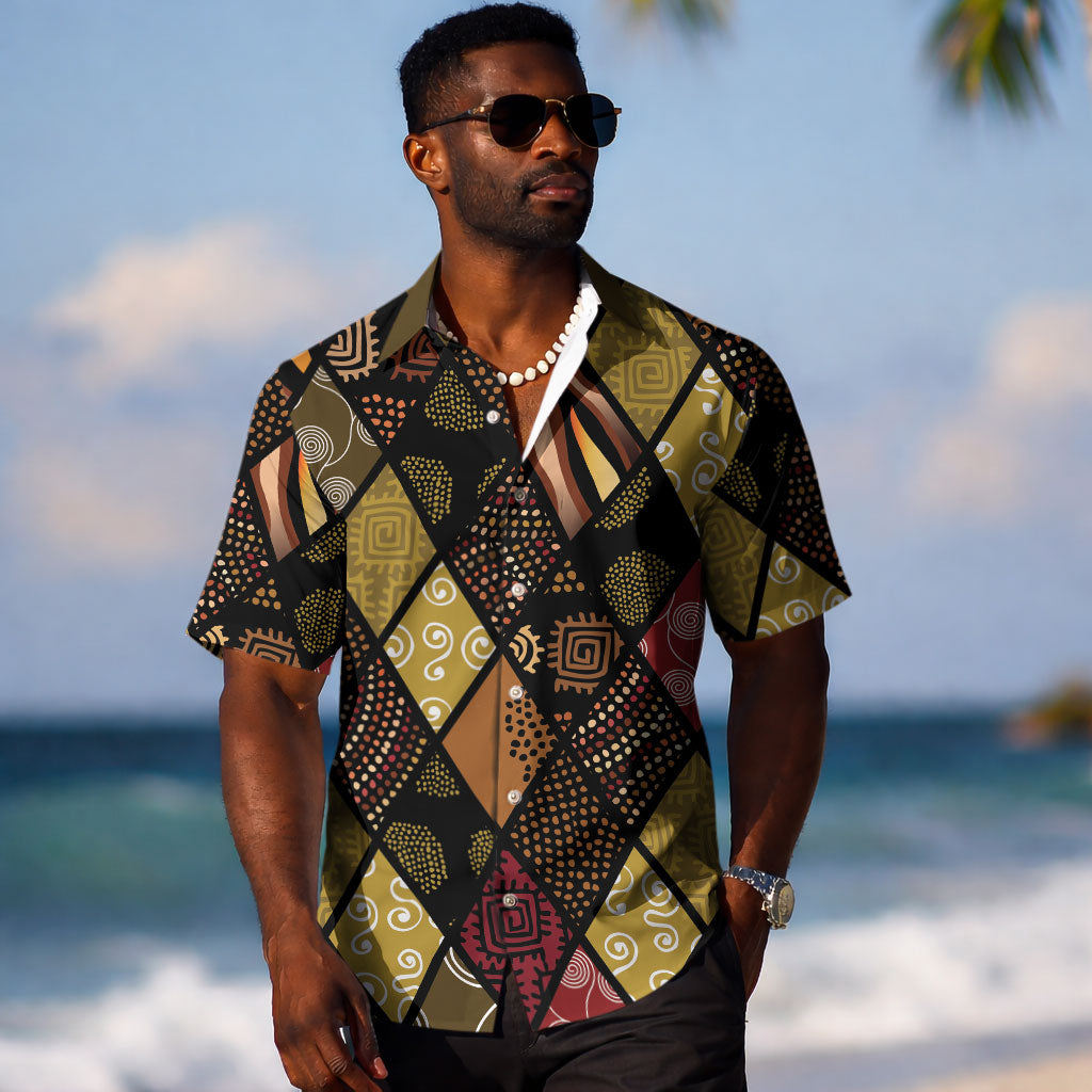 African American Quilt Inspired Hawaiian Shirt Ethnic Bohemian Rhombus Patchwork