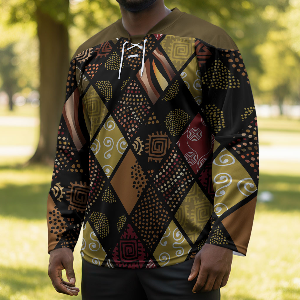 African American Quilt Inspired Hockey Jersey Ethnic Bohemian Rhombus Patchwork