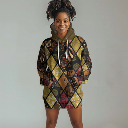 African American Quilt Inspired Hoodie Dress Ethnic Bohemian Rhombus Patchwork