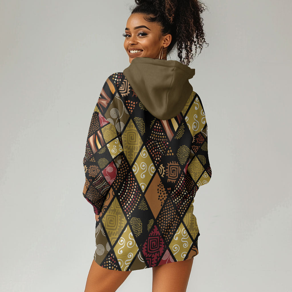 African American Quilt Inspired Hoodie Dress Ethnic Bohemian Rhombus Patchwork