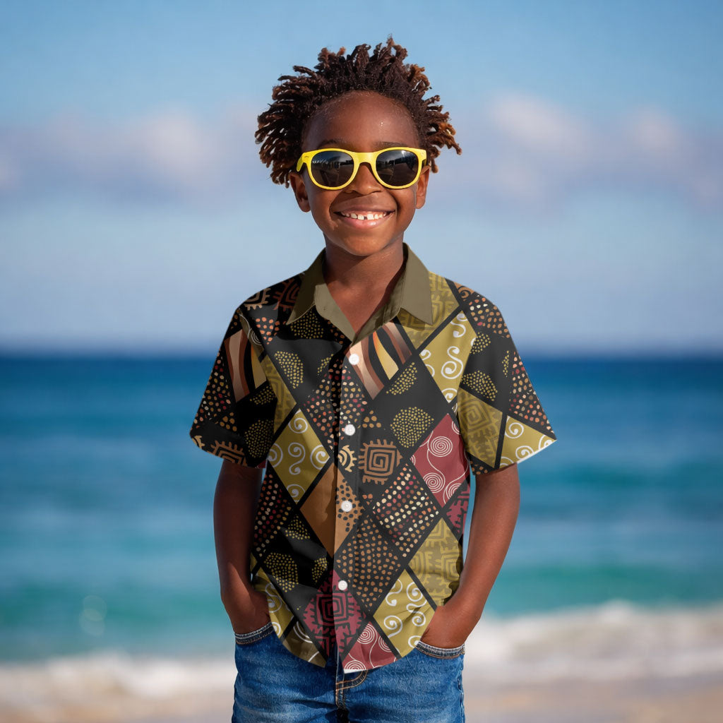 African American Quilt Inspired Kid Hawaiian Shirt Ethnic Bohemian Rhombus Patchwork