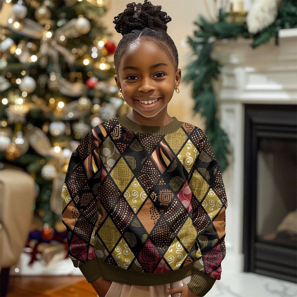 African American Quilt Inspired Kid Ugly Christmas Sweater Ethnic Bohemian Rhombus Patchwork