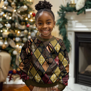 African American Quilt Inspired Kid Ugly Christmas Sweater Ethnic Bohemian Rhombus Patchwork