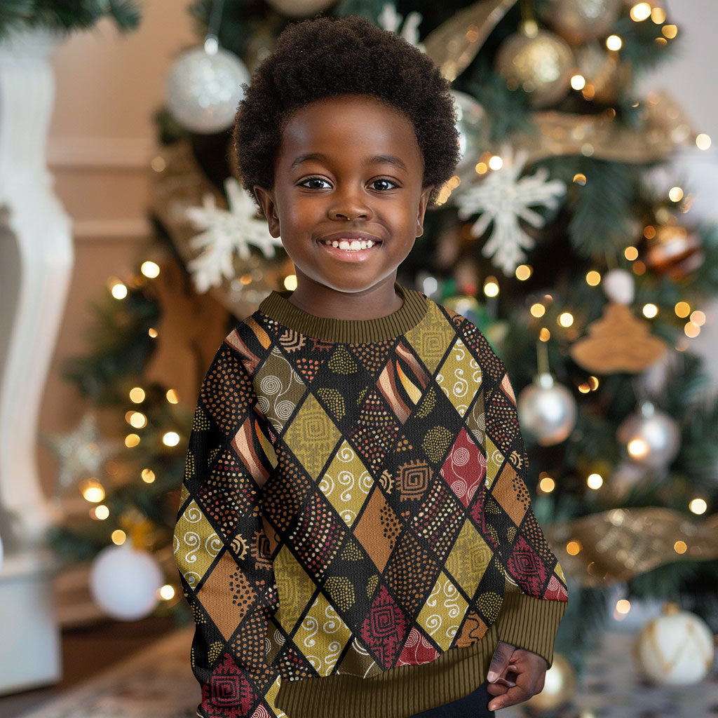 African American Quilt Inspired Kid Ugly Christmas Sweater Ethnic Bohemian Rhombus Patchwork