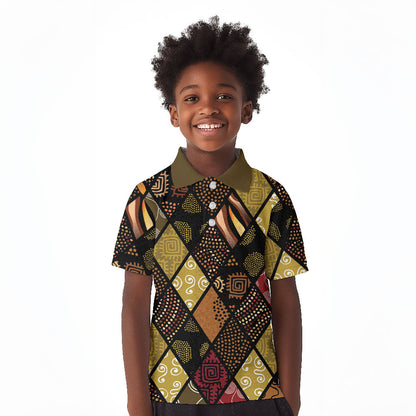 African American Quilt Inspired Kid Polo Shirt Ethnic Bohemian Rhombus Patchwork