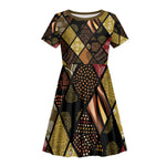 African American Quilt Inspired Kid Short Sleeve Dress Ethnic Bohemian Rhombus Patchwork
