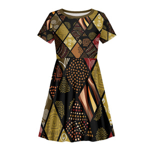 African American Quilt Inspired Kid Short Sleeve Dress Ethnic Bohemian Rhombus Patchwork
