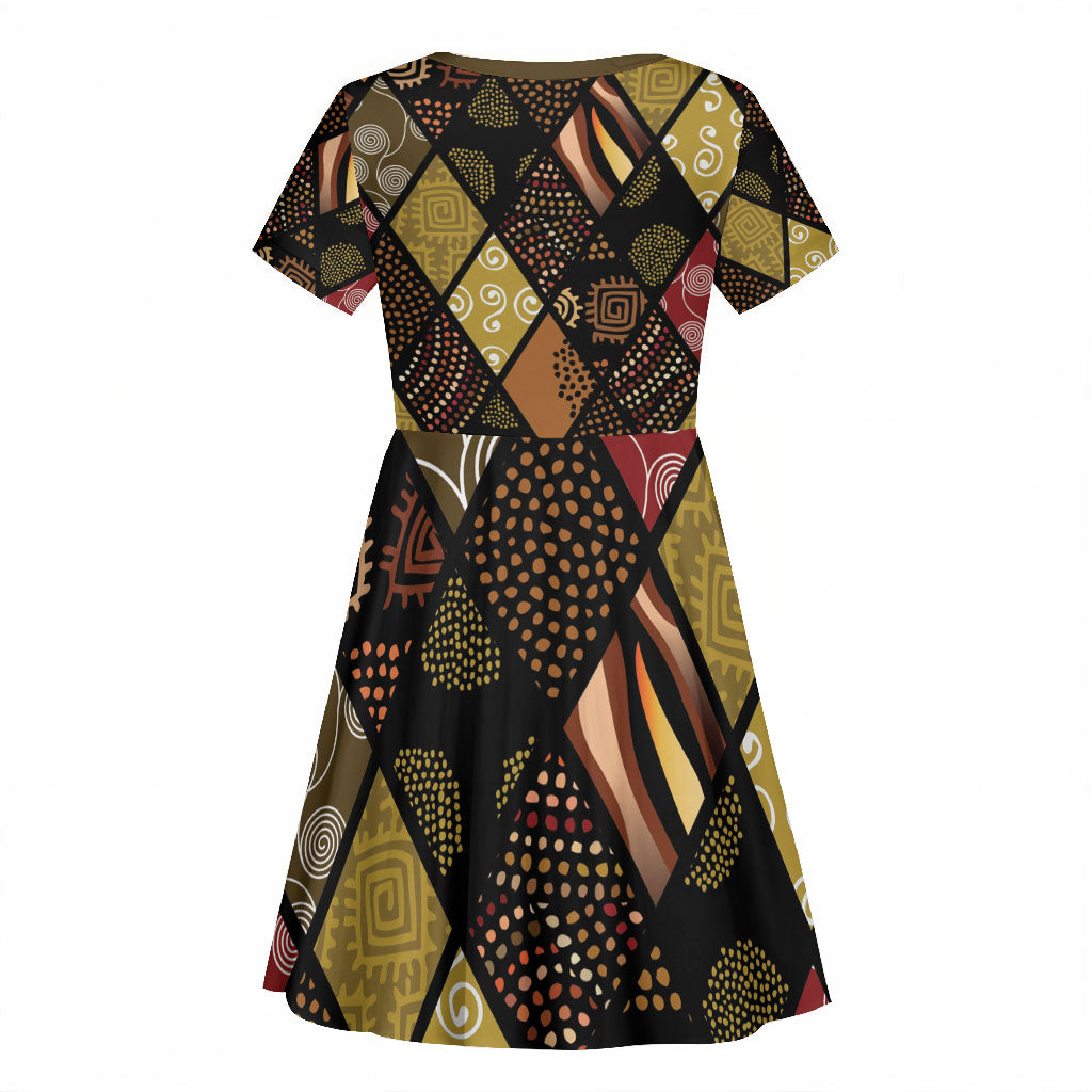 African American Quilt Inspired Kid Short Sleeve Dress Ethnic Bohemian Rhombus Patchwork