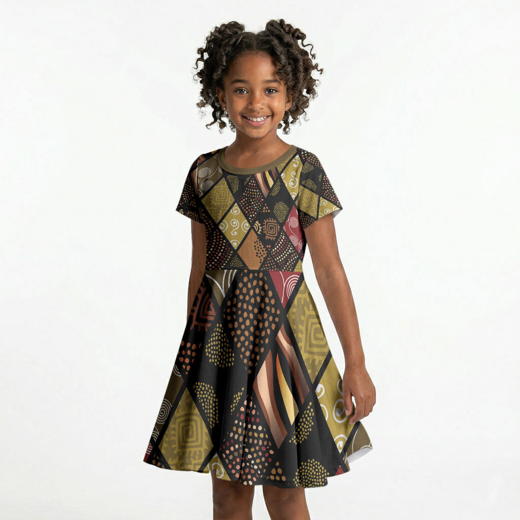 African American Quilt Inspired Kid Short Sleeve Dress Ethnic Bohemian Rhombus Patchwork