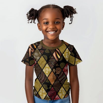 African American Quilt Inspired Kid T shirt Ethnic Bohemian Rhombus Patchwork