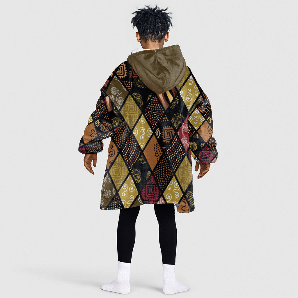 African American Quilt Inspired Kid Wearable Blanket Hoodie Ethnic Bohemian Rhombus Patchwork