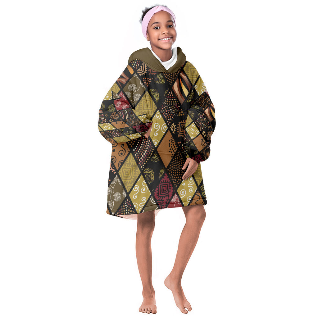 African American Quilt Inspired Kid Wearable Blanket Hoodie Ethnic Bohemian Rhombus Patchwork
