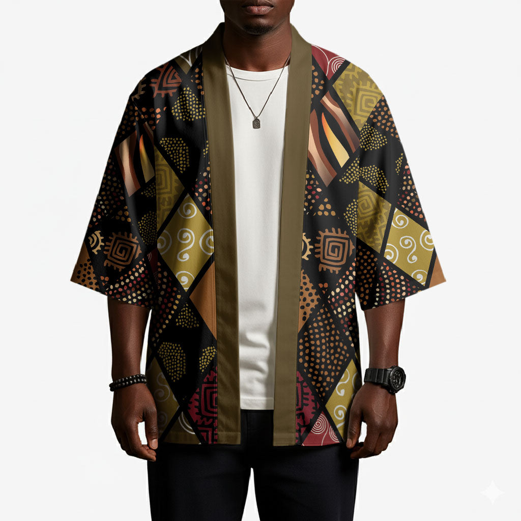 African American Quilt Inspired Kimono Ethnic Bohemian Rhombus Patchwork
