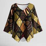 African American Quilt Inspired Kimono Sleeve Blouse Ethnic Bohemian Rhombus Patchwork